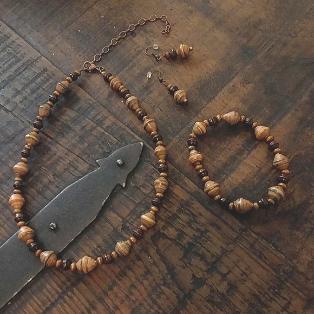 Handmade Paper Beads with wood 3 PC Jewelry set